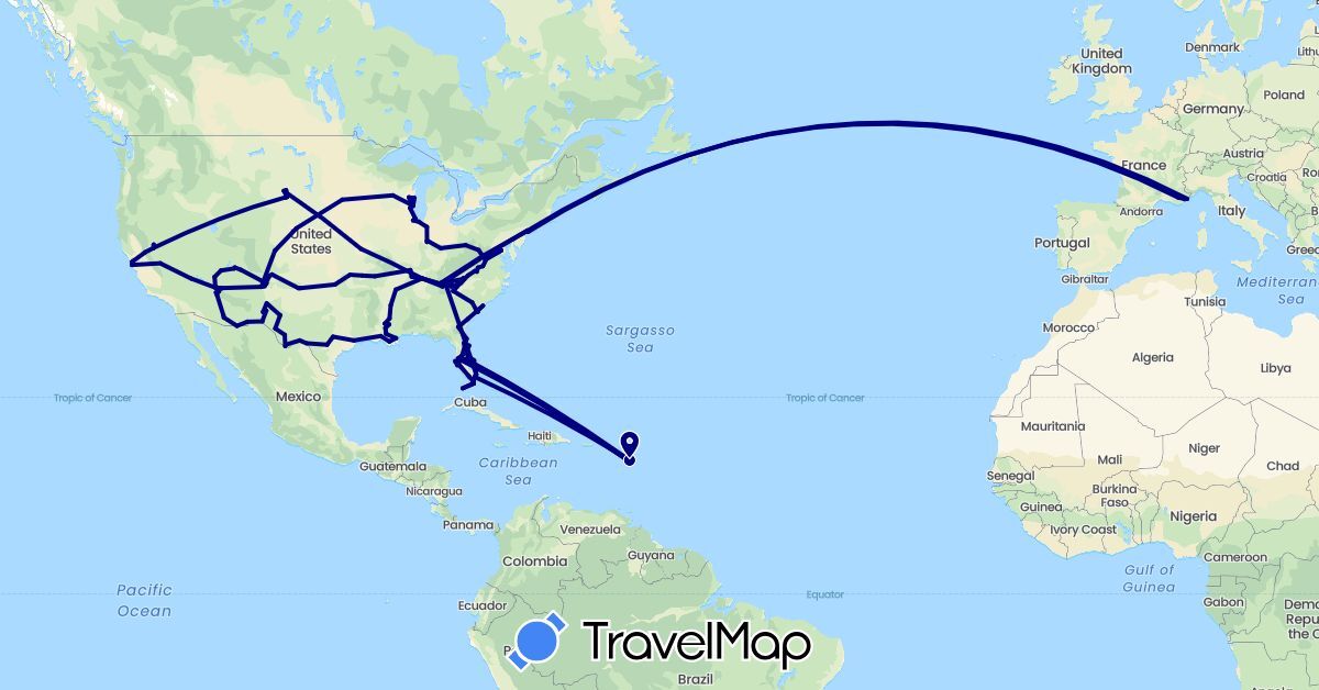TravelMap itinerary: driving in France, Guadeloupe, Mexico, United States (Europe, North America)