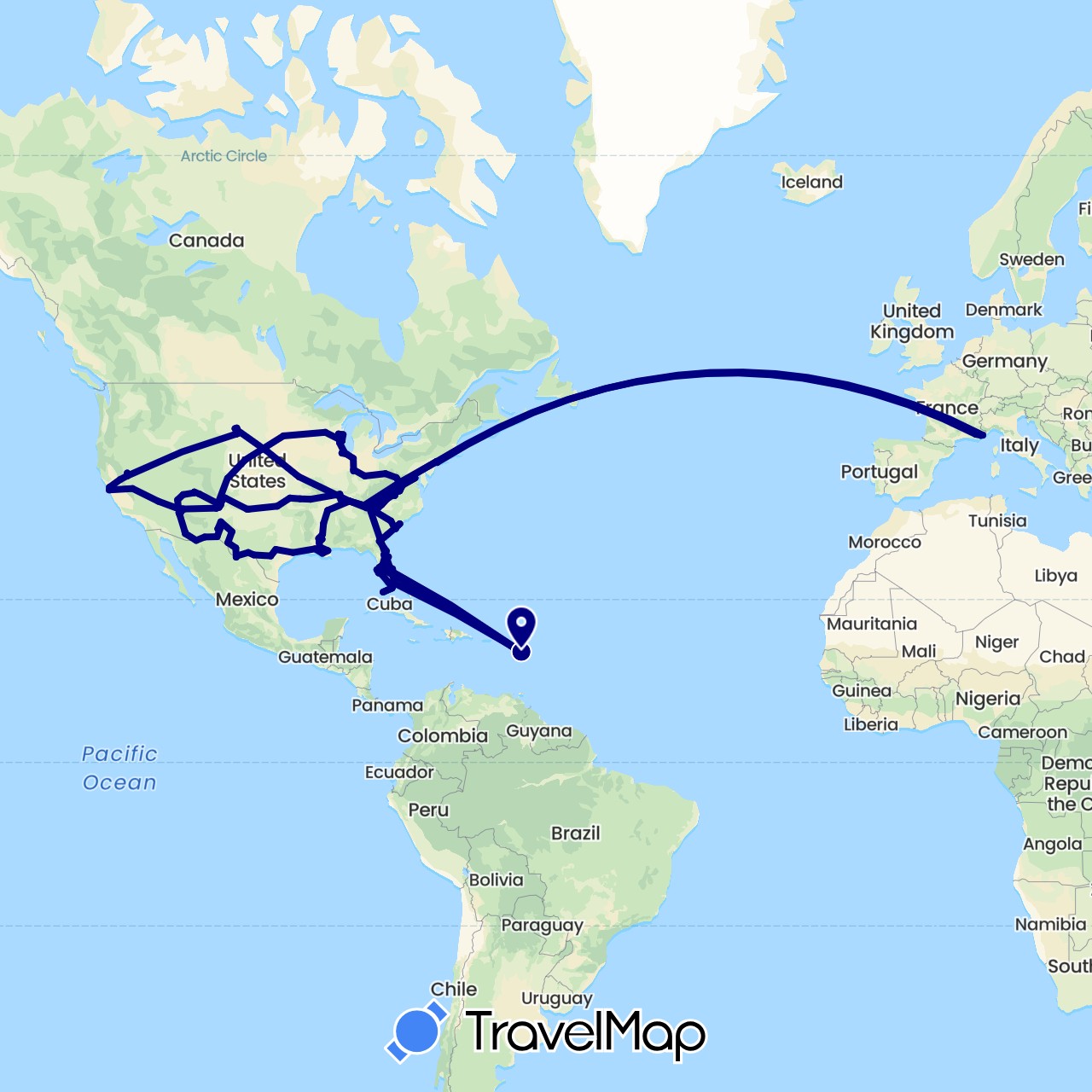 TravelMap itinerary: driving in France, Guadeloupe, Mexico, United States (Europe, North America)