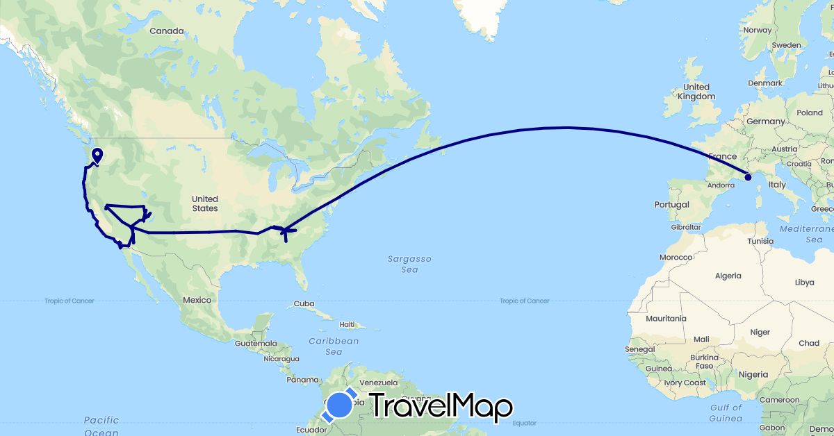 TravelMap itinerary: driving in France, Monaco, United States (Europe, North America)
