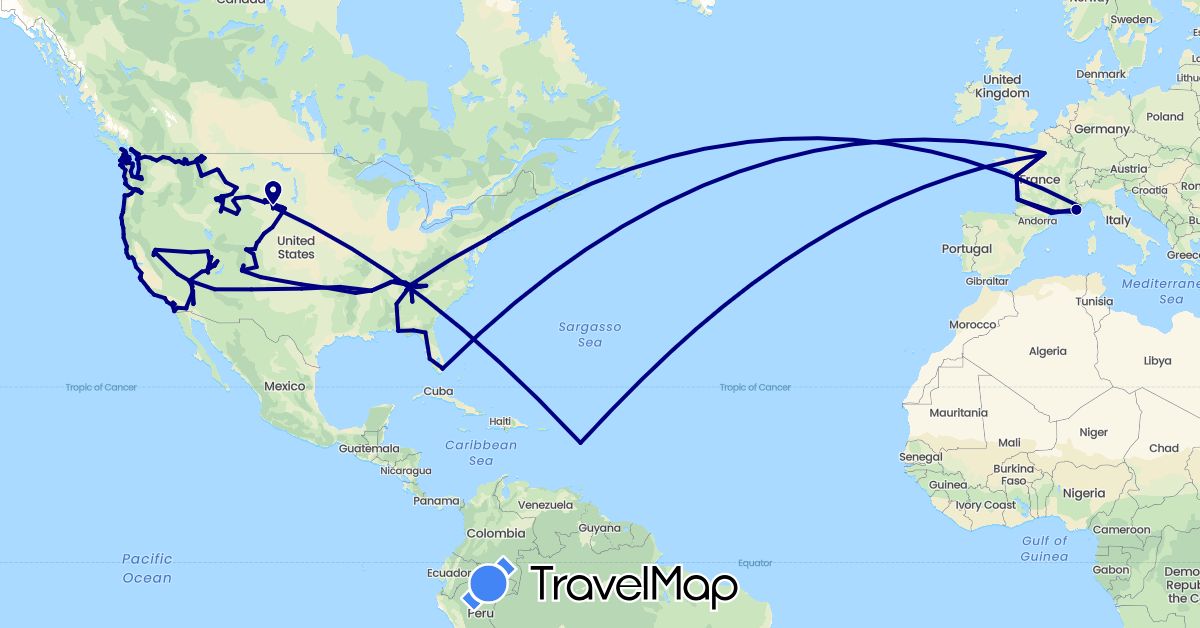 TravelMap itinerary: driving in Canada, France, Monaco, United States (Europe, North America)