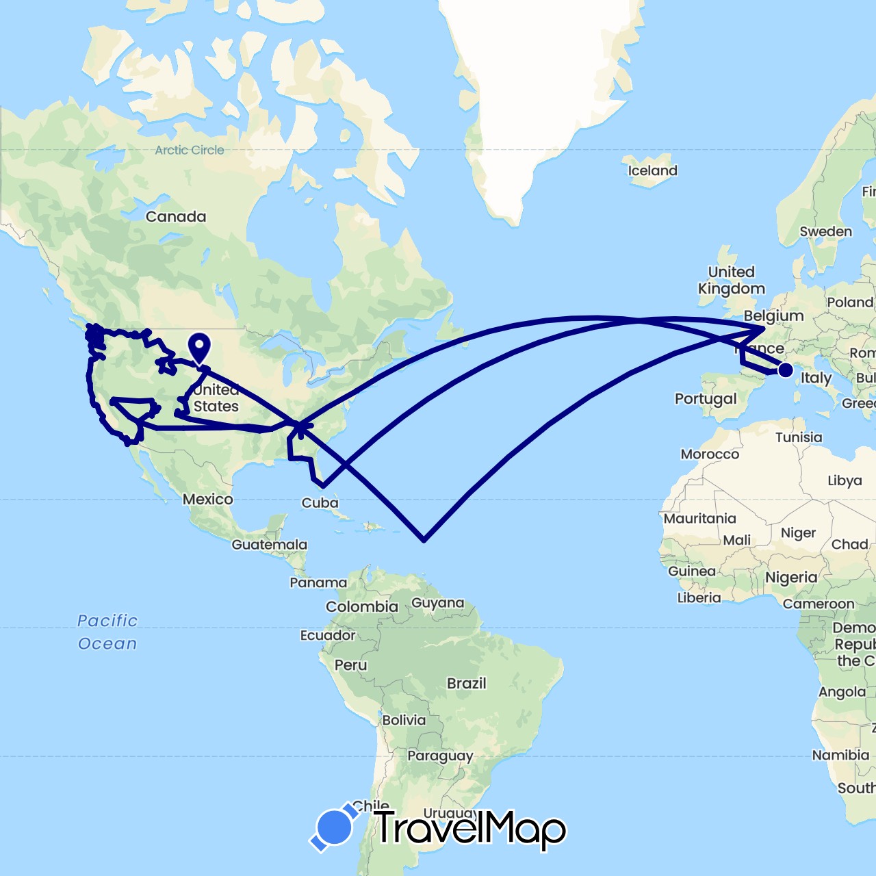 TravelMap itinerary: driving in Canada, France, Monaco, United States (Europe, North America)