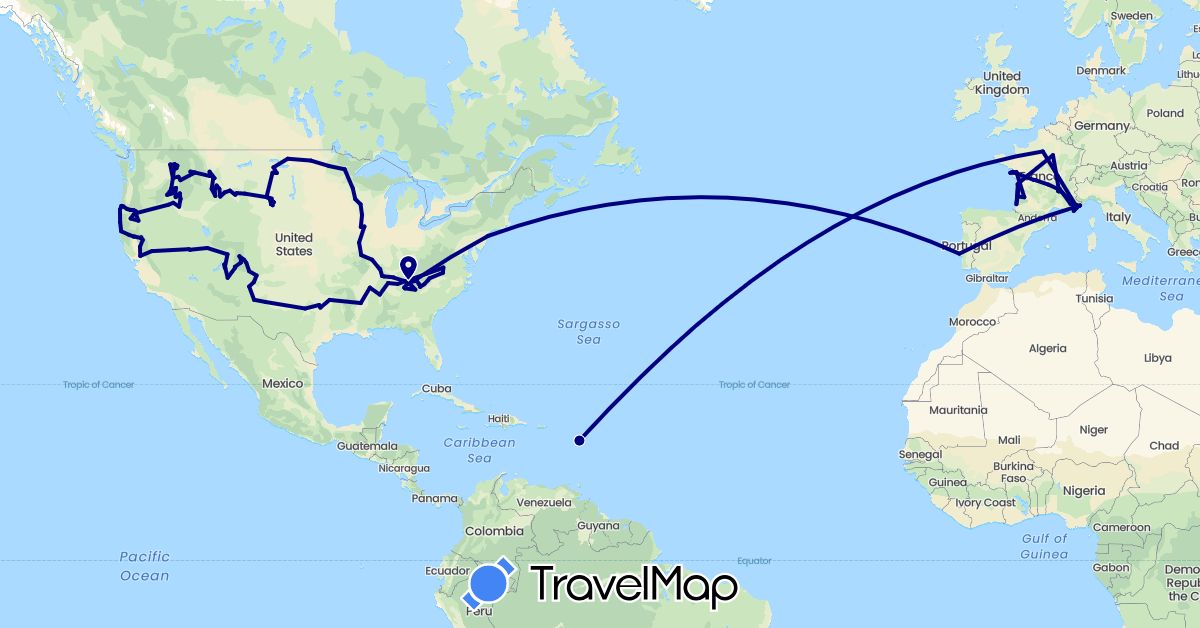 TravelMap itinerary: driving in France, Monaco, Portugal, United States (Europe, North America)