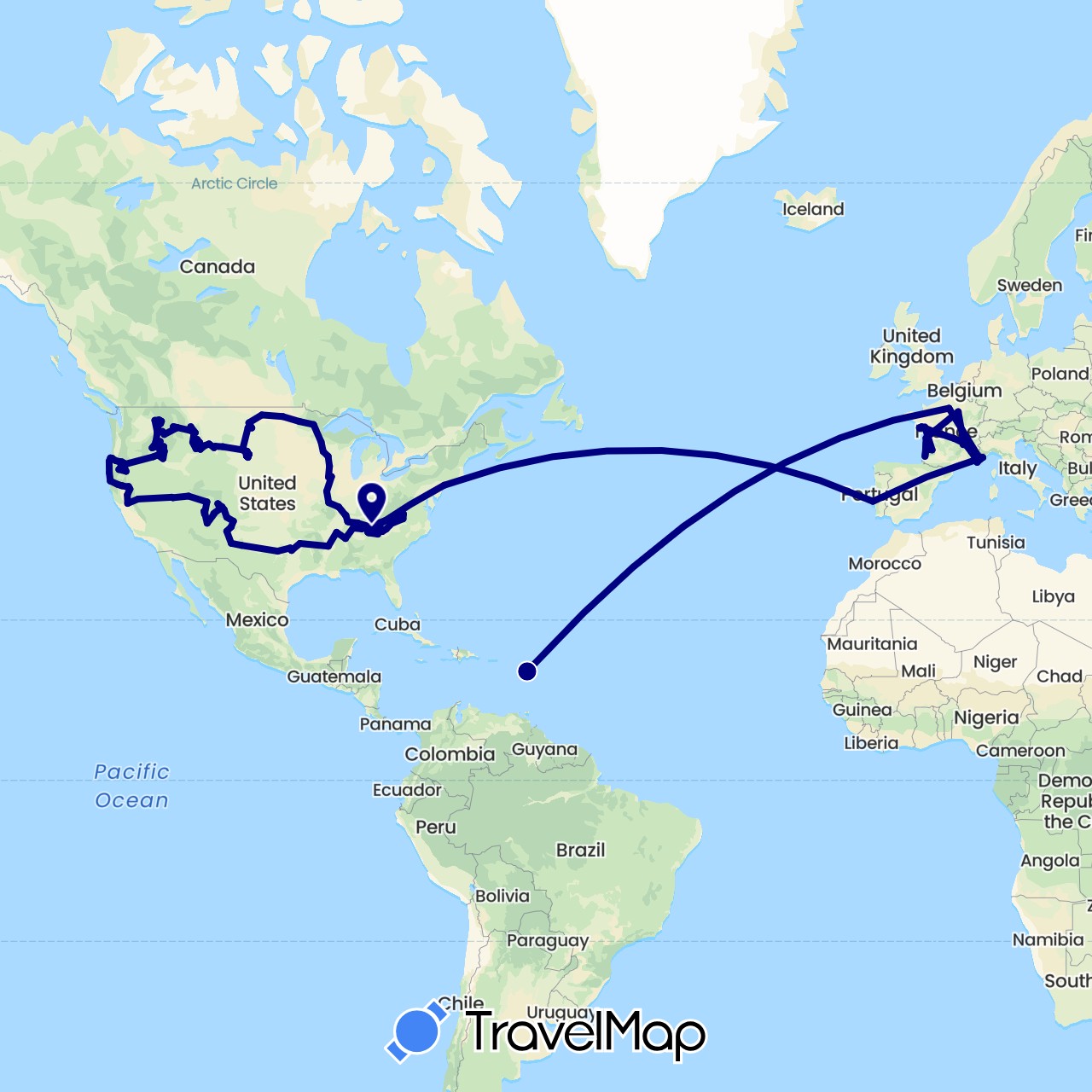 TravelMap itinerary: driving in France, Monaco, Portugal, United States (Europe, North America)